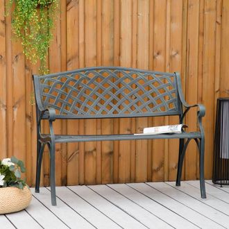 OUTSUNNY Cast Aluminium Garden Bench 2 Seater Antique Park Loveseat, Verdigris in Green