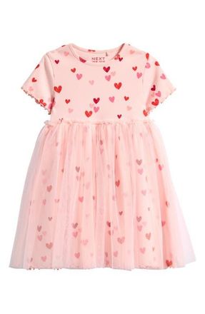 Next Kids Heart Print Mixed Media Dress in Pink at Nordstrom, Size 1.5-2Y