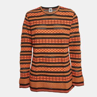 M Missoni Orange/black Patterned Knit Long Sleeve Top