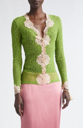 Valentino Scalloped Trim Stretch Lace Cardigan in Green at Nordstrom, Size Medium