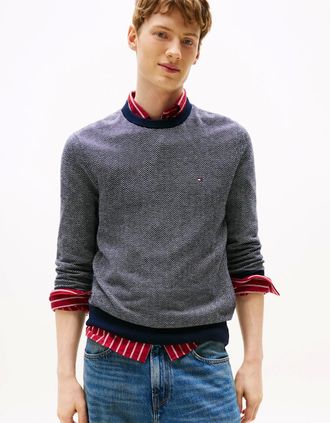 Tommy Hilfiger Mens Tommy Hilfiger Pima Cotton Cashmere Herringbone Mens Crew Jumper - Desert Sky/Ivory Petal - Grey - Size: 40