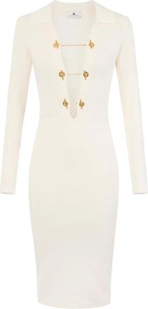 Elisabetta Franchi Kleedjes, Dames, Beige, 2Xl, Geribde gebreide jurk met kettingdetail