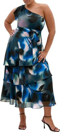 City Chic Metallic One-Shoulder Tiered Dress in Haze Bloom at Nordstrom, Size Xxxs