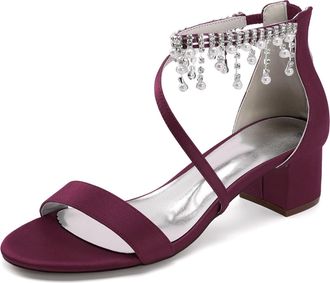 Generic Bridal Wedding Shoes Womens Chunky Heels Sandals Low Heel Satin Bridal Shoes for/Engagement/Evening/Prom 4.5Cm,Burgundy,10 UK