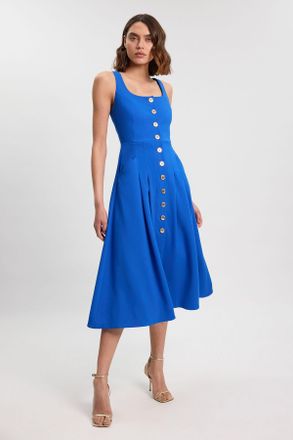 Karen Millen Womens Tailored Textured Button Though Strappy Full Midi Dress - Blue - Size 12 UK