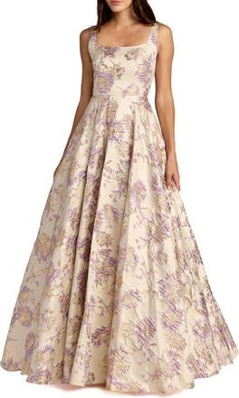 Mac Duggal Sleeveless Square Neck Brocade Ball Gown in Champagne Multi at Nordstrom, Size 10