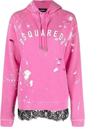 Dsquared2 Hoodie-sweatshirt met verweerde verf en kant - Dames - Hoodies - Roze - XS - Katoen - Hoodies & sweatvesten