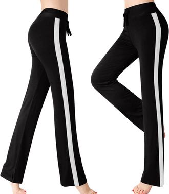 Generic Womens Flared Wide Leg Yoga Pants Side Stripe High Waisted Trousers Ladies Stretchy Bootcut Yoga Trousers with Drawstring Elastic Waist Jogging Runnin