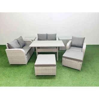 Fimous High Back Poly Rattan Garden Furniture Set with Reclining Chair Loveseat Sofa Rectangular Dining Table Indoor Outdoor Patio Set 3 Stools 2 Side Table
