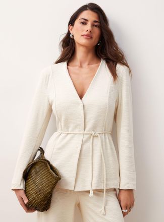 Ichi Womens Textured knit drawcord-waist V-neck Blazer Jacket