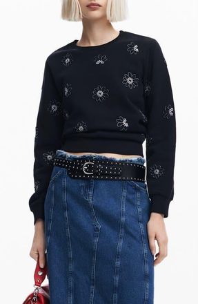 Desigual Joya Floral Embellished Sweatshirt in Black at Nordstrom, Size Xx-Large