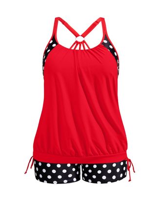 Holipick Blouson Tankini Swimsuits for Women - Two Piece Tummy Control Bathing Suit with Shorts Modest Swimwear, Red Polka Dot, 16 Plus