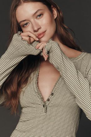 Pilcro Long-Sleeve Ruffled Lace-Trim Henley Top