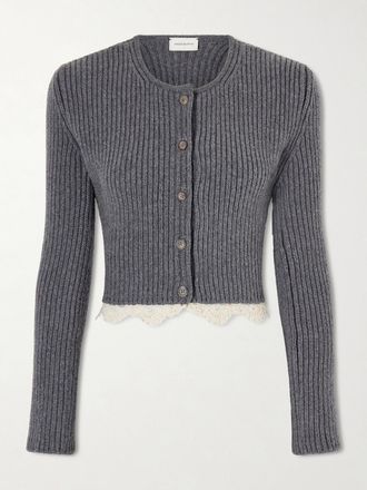 Magda Butrym Cardigan Cropped In Lana A Coste Con Finiture In Pizzo - Grigio