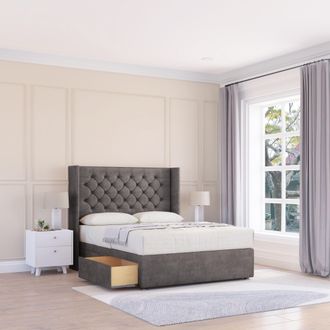 Sloomy Dior Naples Wingback Bed Set, 2 Drawers & 54 Floor Standing Headboard in Dark Grey | Size: Super King