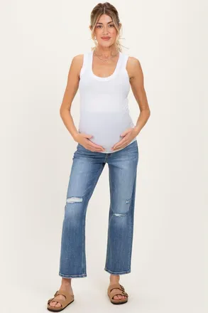 Pinkblush Distressed Open Knee Ankle Straight Leg Maternity Jeans in Blue at Nordstrom, Size 27 29