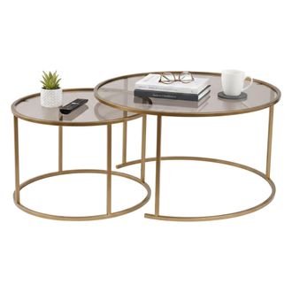 Dmora Dmora - Juego De 2 Mesas De Centro Ragalna, Mesa De Centro Baja, Revistero Para Sof&aacute;, Estante De La Sala De Estar, 80x80 H43 Cm, Oro Y Bronzo