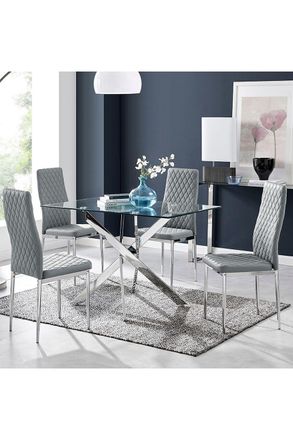 Furniturebox Leonardo Glass & Chrome Metal Dining Table & 4 Milan Chairs Set in Grey