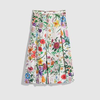 Gucci Printed Silk Twill Pleated Skirt, White