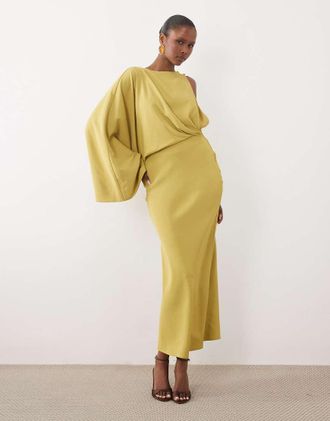 Asos vestito maxi a colonna monospalla con drappeggio sul retro color ocra-Multi