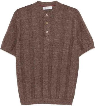 Brunello Cucinelli Textured Rib Knit T-Shirt With Henley Collar