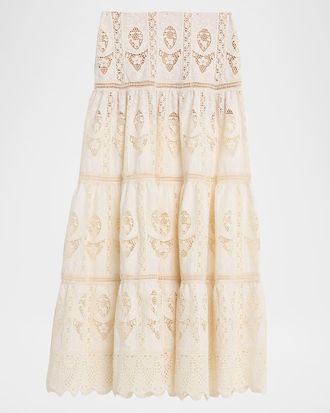 Johanna Ortiz Crochet Lace Tiered Maxi Skirt