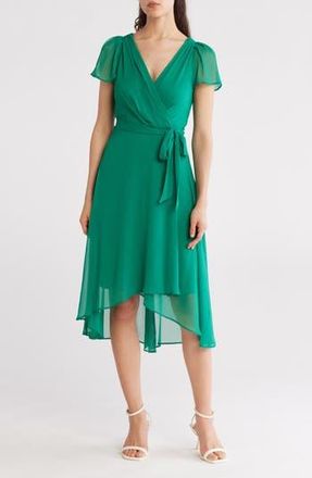 DKNY Flutter Sleeve Faux Wrap Midi Dress in Meadow at Nordstrom Rack, Size 16