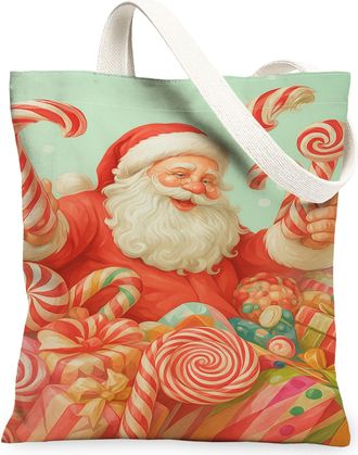 Generic Festive Canvas Tote Bags, Merry Holiday Candy Pattern Reusable Shopping Bags, Fanciful Playful Lightweight Washable Shoulder Strap Canvas for Gifts Be