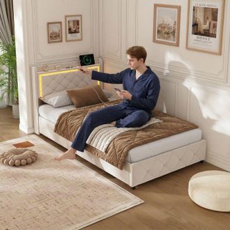 OEM Cama Lit 90x200 Cm Con Somier - Iluminaci&oacute;n Led Rgb - Carga Usb Y Tipo-c - Cama Individual - Terciopelo Beige