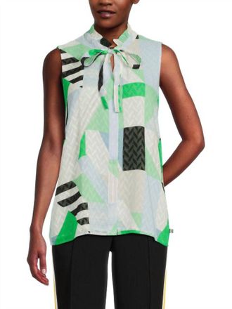 Karl Lagerfeld Textured Geometric Pattern Technical Tie-Neck Sleeveless Blouse In Soft White Multi