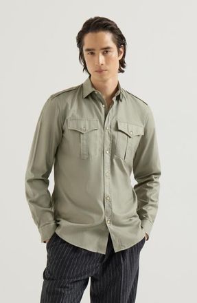 Brunello Cucinelli Garment-dyed shirt in cotton chevron with spread collar, epaulettes and chest pockets in Military at Nordstrom, Size X-Small