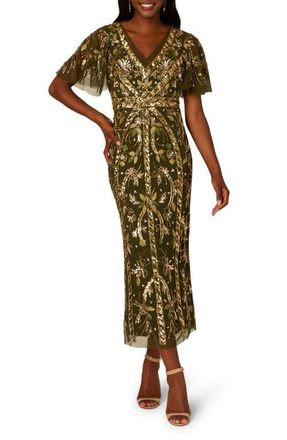 Adrianna Papell Embellished Flutter Sleeve Cocktail Dress in Olive at Nordstrom, Size 4