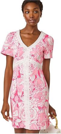Lilly Pulitzer Evita Short Sleeve Stretch Womens Dress Confetti Pink Rosanna : 12, Cotton/Spandex