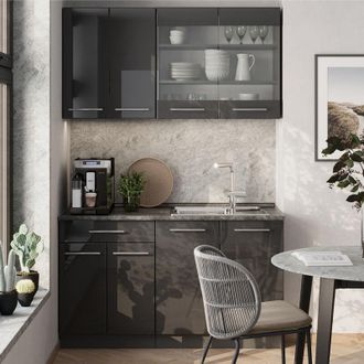 Vicco Cocina Para Solteros Fame-line, Antracita Alto Brillo, 140 Cm Sin Encimera, Vicco