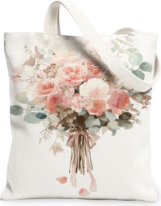 Generic Floral Canvas Tote Bags, Elegant Flower Bouquet Design Reusable Grocery Bags, Vintage Lightweight Washable Shoulder Strap C, White, 13x15 Inch