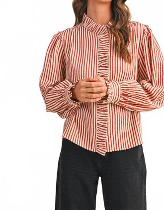 Merci Striped Ruffle Button Down Top In Red