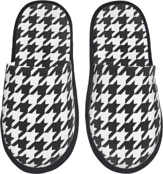 Generic Fluffy Slippers Houndstooth Black Cozy Plush Slippers Soft Indoor Shoes For Winter Travel Ladies L