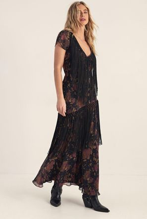 NASTY GAL Womens Floral Chiffon Fringe Maxi Dress - Black - Size 12 UK
