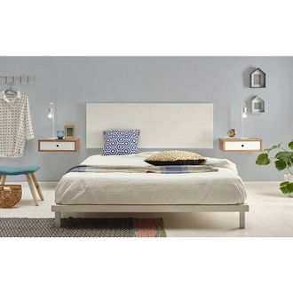 HOGAR 24 Cabecero Madera Blanca + 2 Mesitas Flotantes Con Cajon, Acabado Madera Maciza Natural / Frente Cajon Blanco