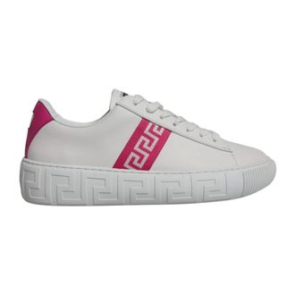 Versace Schoenen, Heren, Wit, 42 EU, Leer, Wit Roze Leren Sneakers met Logo