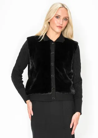 YAL New York Cable Sleeve Faux Fur Jacket in Black
