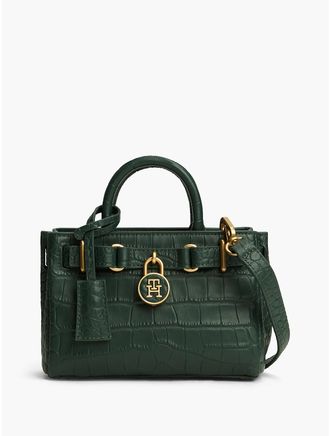 Tommy Hilfiger Womens Croc-Embossed Leather Micro Tote Bag - Forest Eclipse