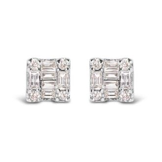 House of Brilliance 10K White Gold 1/7 Ct Round and Baguette Diamond Mosaic Square Stud Earrings at Nordstrom