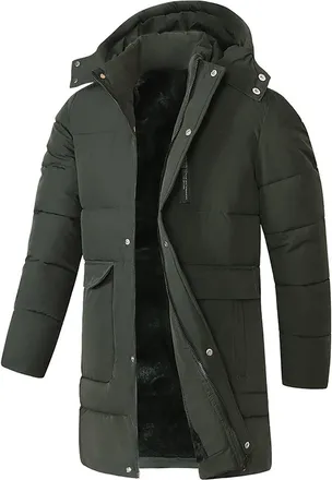Generic Winter Coat for Men Uk - Fleece Lined Quilted Puffer Jacket, Mid-Length Hooded Padded Overcoats, Oversized Comfy Windproof Outwear, Casual Loose Fit, 