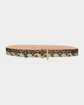 Alexander McQueen T-Bar Snakeskin-Print Leather Skinny Belt