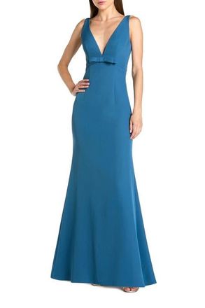Mac Duggal Crepe Sleeveless V Neck Sheath Gown With Bow in Ocean at Nordstrom, Size 12