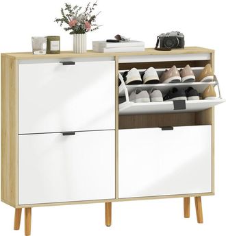 HOMCOM Homcom Zapatero Estrecho Con 4 Puertas En Blanco Brillo, Estantes Ajustables, Patas De Madera, Para 20 Pares De Zapatos, 105x24x92,5 Cm Blanco