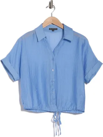 Adrianna Papell Short Sleeve Tie Hem Button-Up Shirt in Classic Blue at Nordstrom Rack, Size X-Small