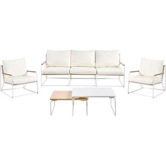Beliani Garden Sofa Set White and Beige Steel Powder Coated 5 Seater with Armchairs Cushions Two Coffee Tables Modern Design Outdoor Conversation Set VENARIA
