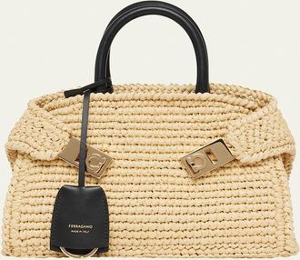 Ferragamo Hug Mini Crochet Raffia Top-Handle Bag